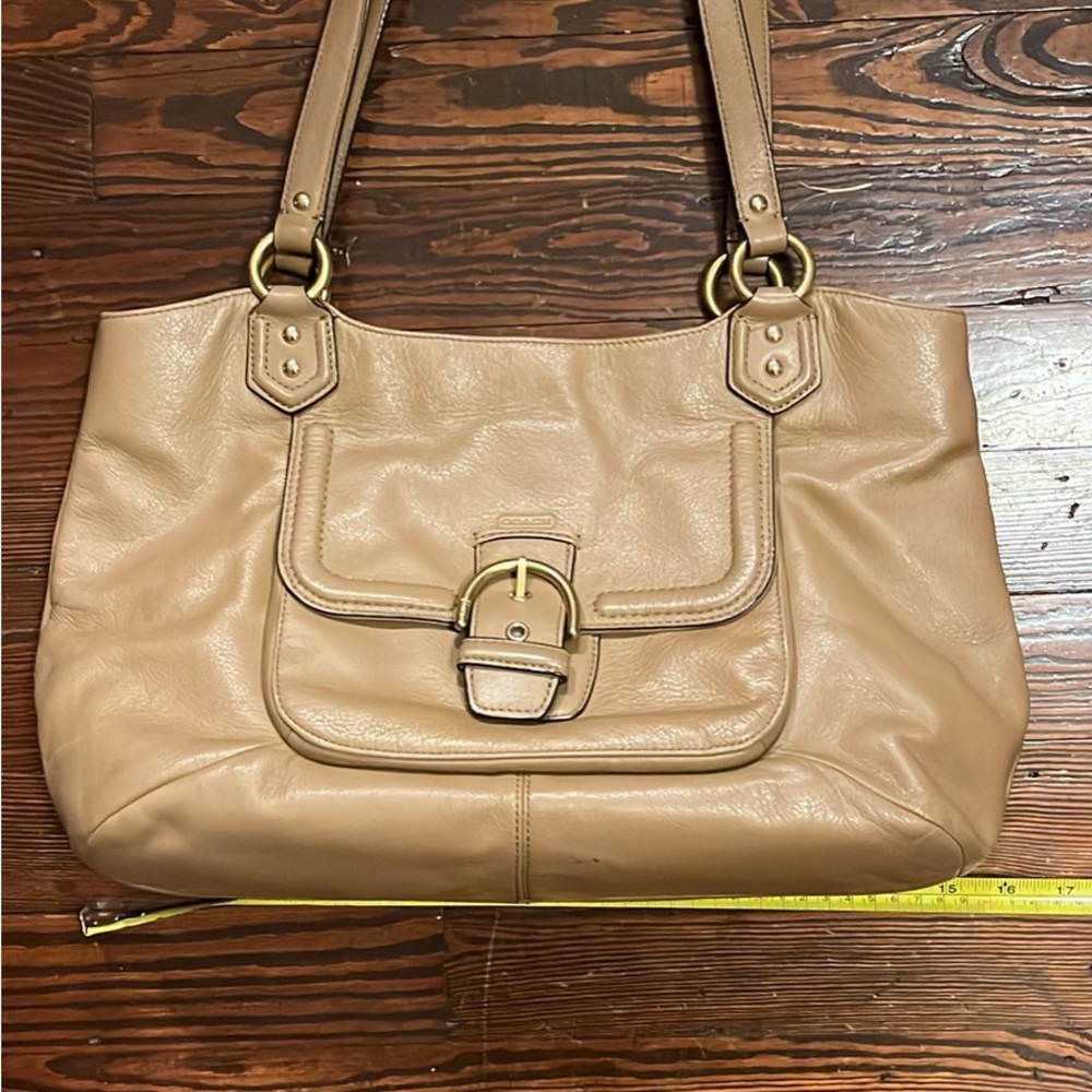 Coach Beige Leather Shoulder Bag with Front Buckle Pocket